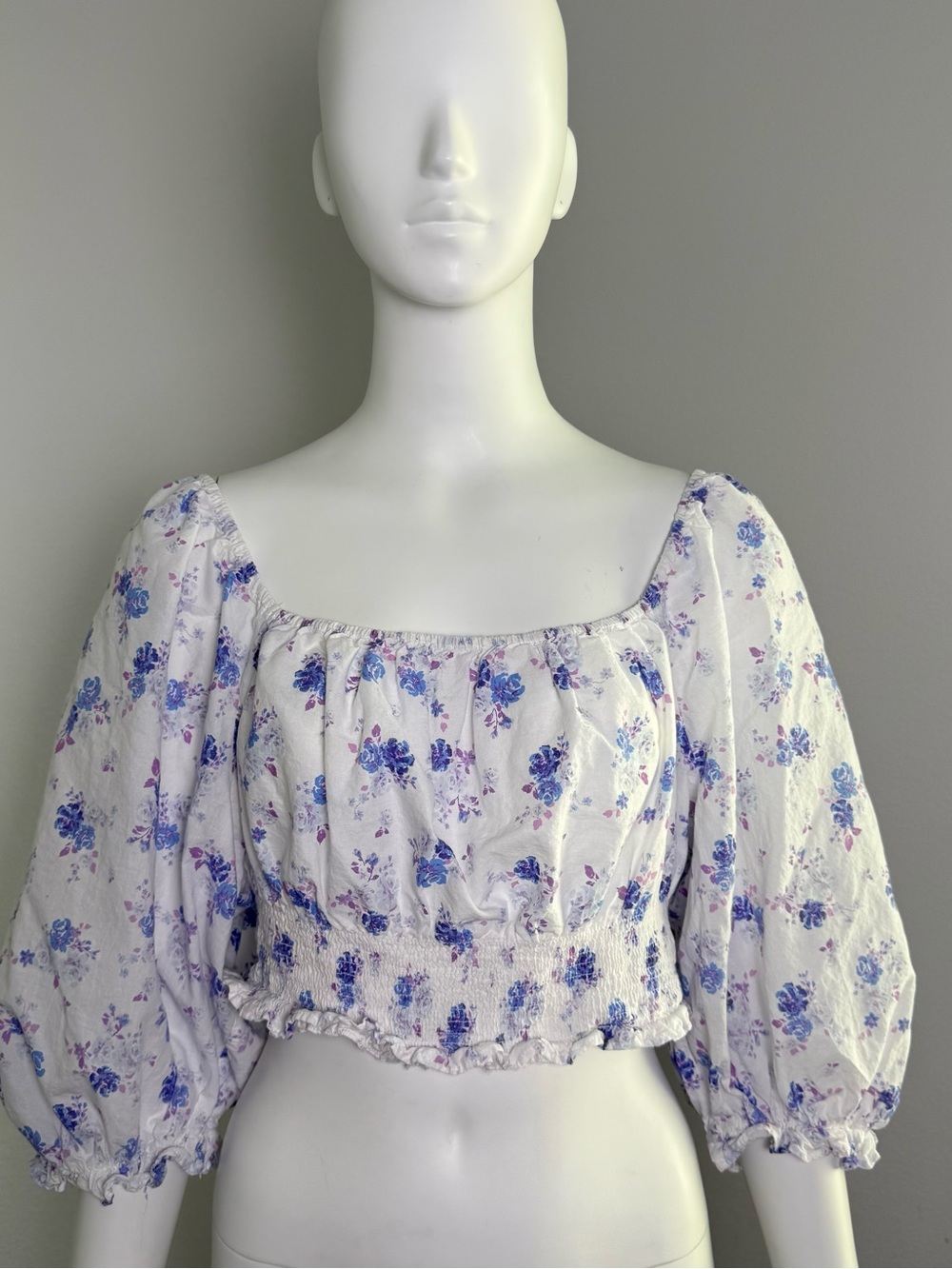 LoveShackFancy White Cropped Peasant Top with Blue & Lavender Floral